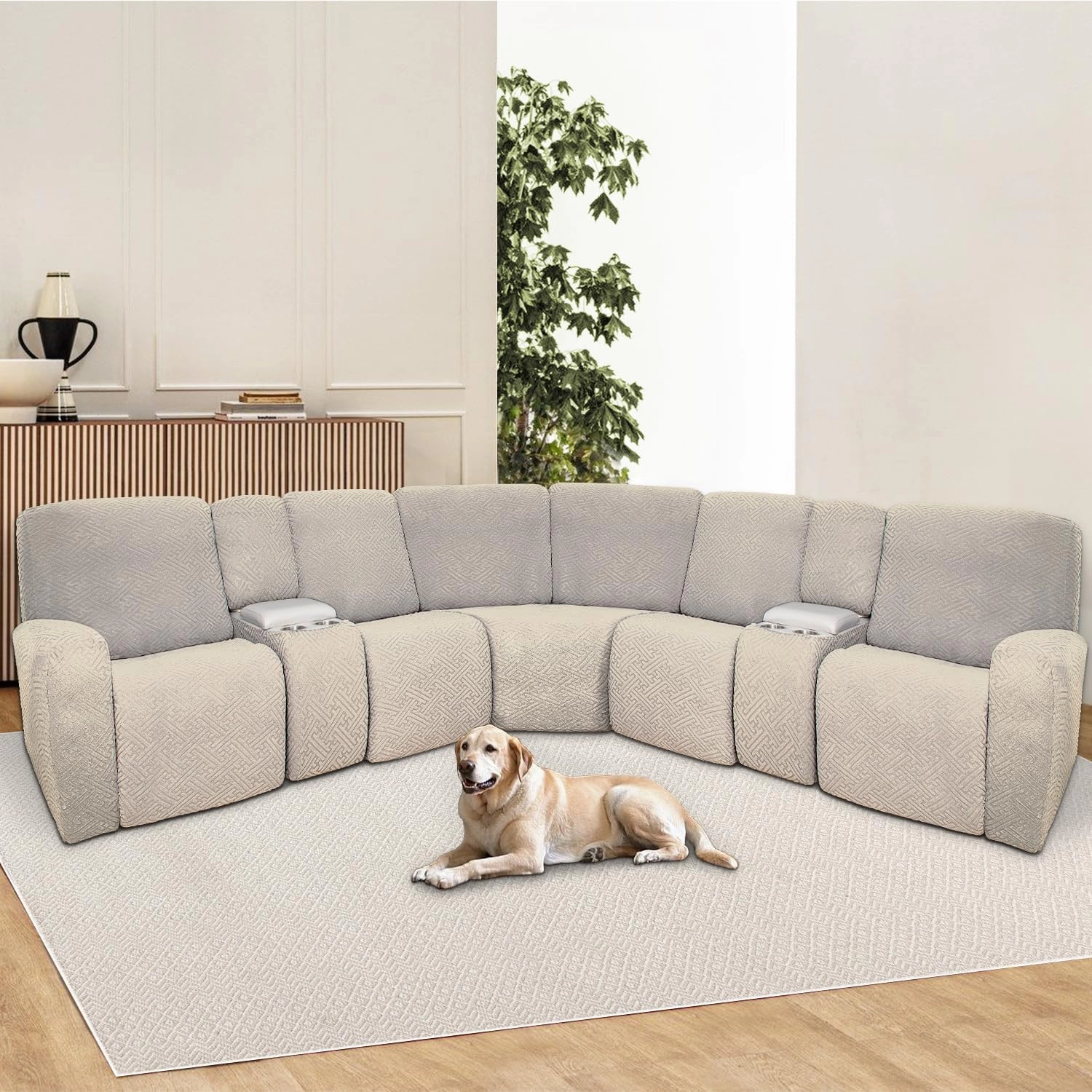 100% Waterproof Sectional Recliner Couch Covers for Reclining Couch L Shaped Corner Sectional Sofa Cover Jacquard Stretch L Shape Recliner Slipcovers (5 Seater 2 Console Cover, Light Gray)