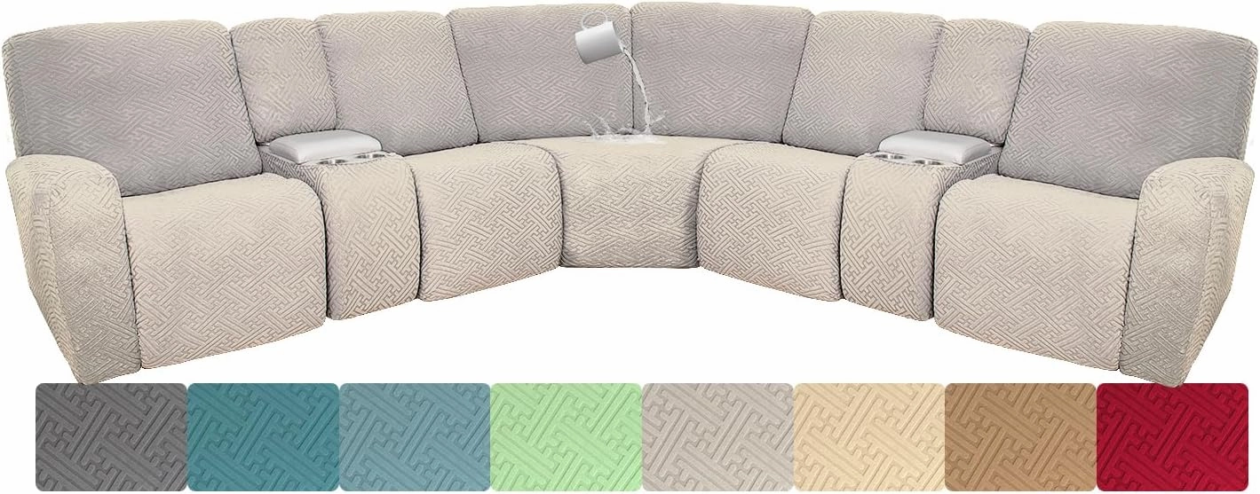 100% Waterproof Sectional Recliner Couch Covers for Reclining Couch L Shaped Corner Sectional Sofa Cover Jacquard Stretch L Shape Recliner Slipcovers (5 Seater 2 Console Cover, Light Gray)