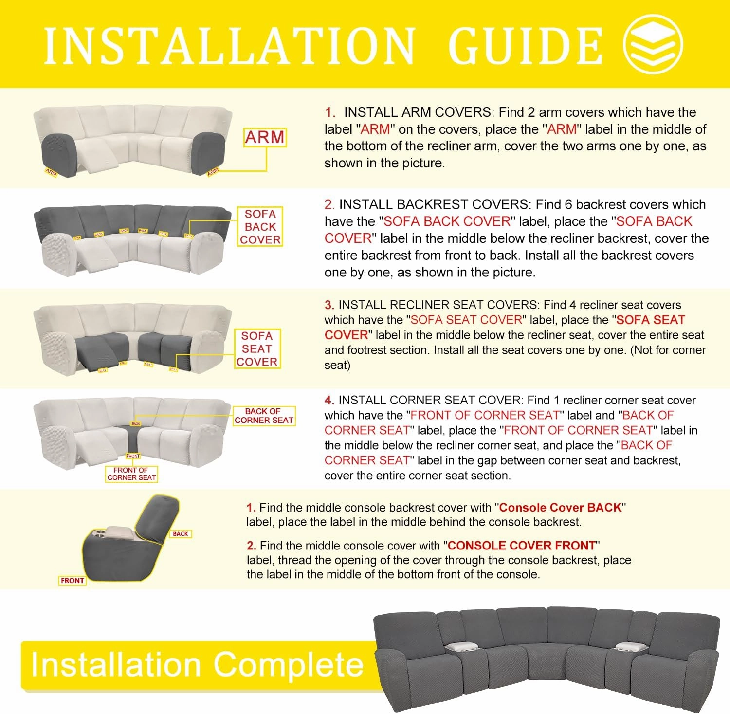 100% Waterproof Sectional Recliner Couch Covers for Reclining Couch L Shaped Corner Sectional Sofa Cover Jacquard Stretch L Shape Recliner Slipcovers (5 Seater 2 Console Cover, Light Gray)