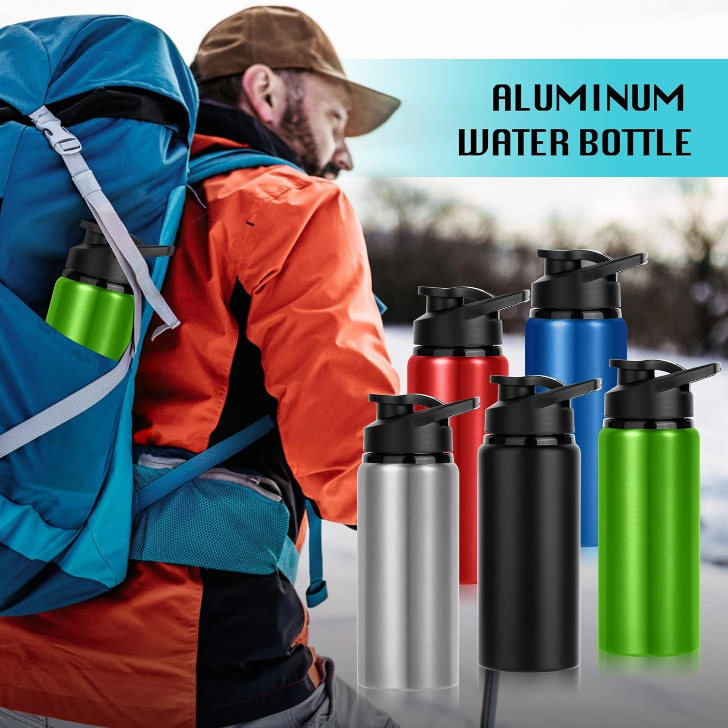 10 Pack Water Bottles Bulk, 20oz Sports Aluminum Water Bottle with Snap Lids Metal Reusable Leak proof Personalized Bottle for Travel Camping Gym Hiking Fishing(Black)