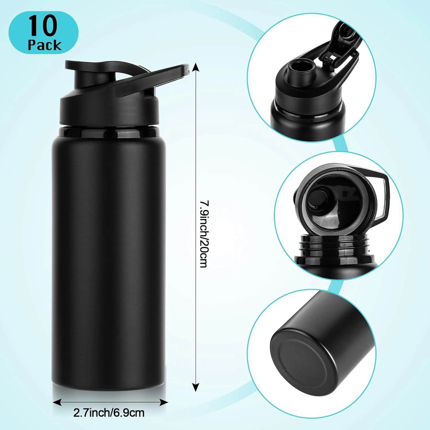 10 Pack Water Bottles Bulk, 20oz Sports Aluminum Water Bottle with Snap Lids Metal Reusable Leak proof Personalized Bottle for Travel Camping Gym Hiking Fishing(Black)