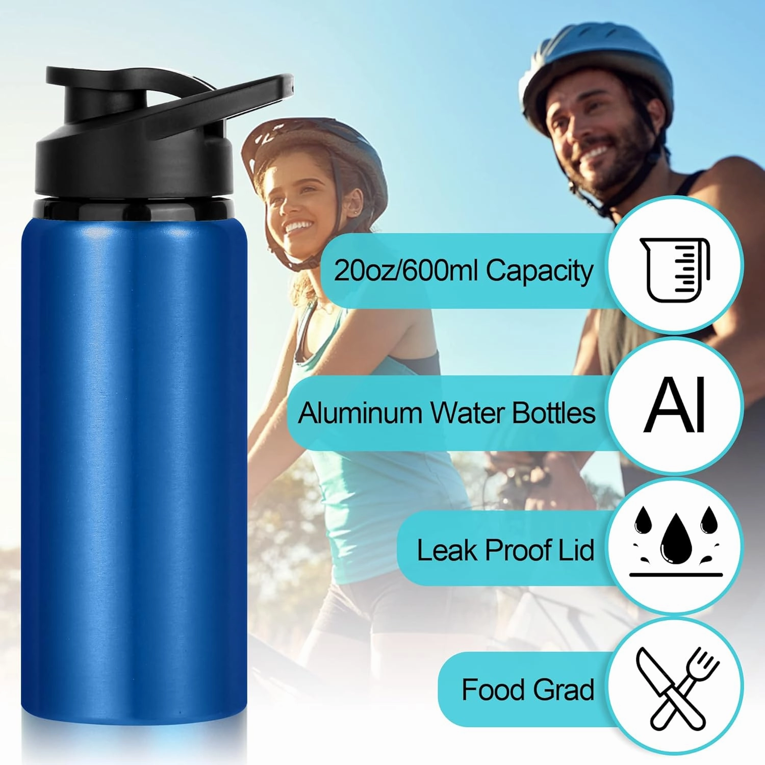 10 Pack Water Bottles Bulk, 20oz Sports Aluminum Water Bottle with Snap Lids Metal Reusable Leak proof Personalized Bottle for Travel Camping Gym Hiking Fishing(Black)
