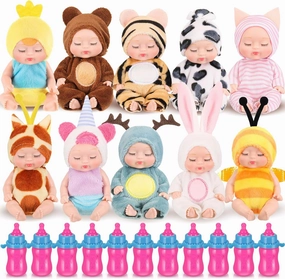 10 Pcs 4 Inch Mini Baby Dolls Realistic Tiny Baby Doll Animal Clothes Cute Infant Figurine Gifts Set with 10 Pcs Nursing Bottles for Boys Girls Toddlers Kids 3  Birthday Gift Big Fillers