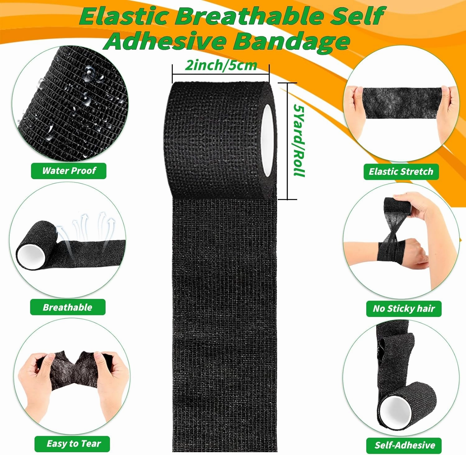 120 Pack Black Self Adhesive Bandage Wrap Bulk 2 Inch x 5 Yards Cohesive Bandage,Vet Wrap Breathable Elastic Self-Adherent Tape for Stretch Athletic Sports Wrist Ankle Dogs Pet Vet Wrap