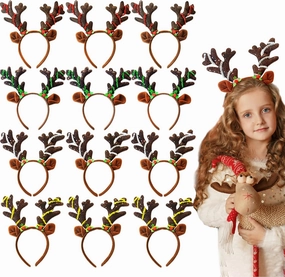 12 Pcs Reindeer Antlers Headband, Glitter Sequins Christmas Ears Headband, Deer Hairbands for Kids & Adults, Perfect for Holiday Photo Booth Props & Party Favors