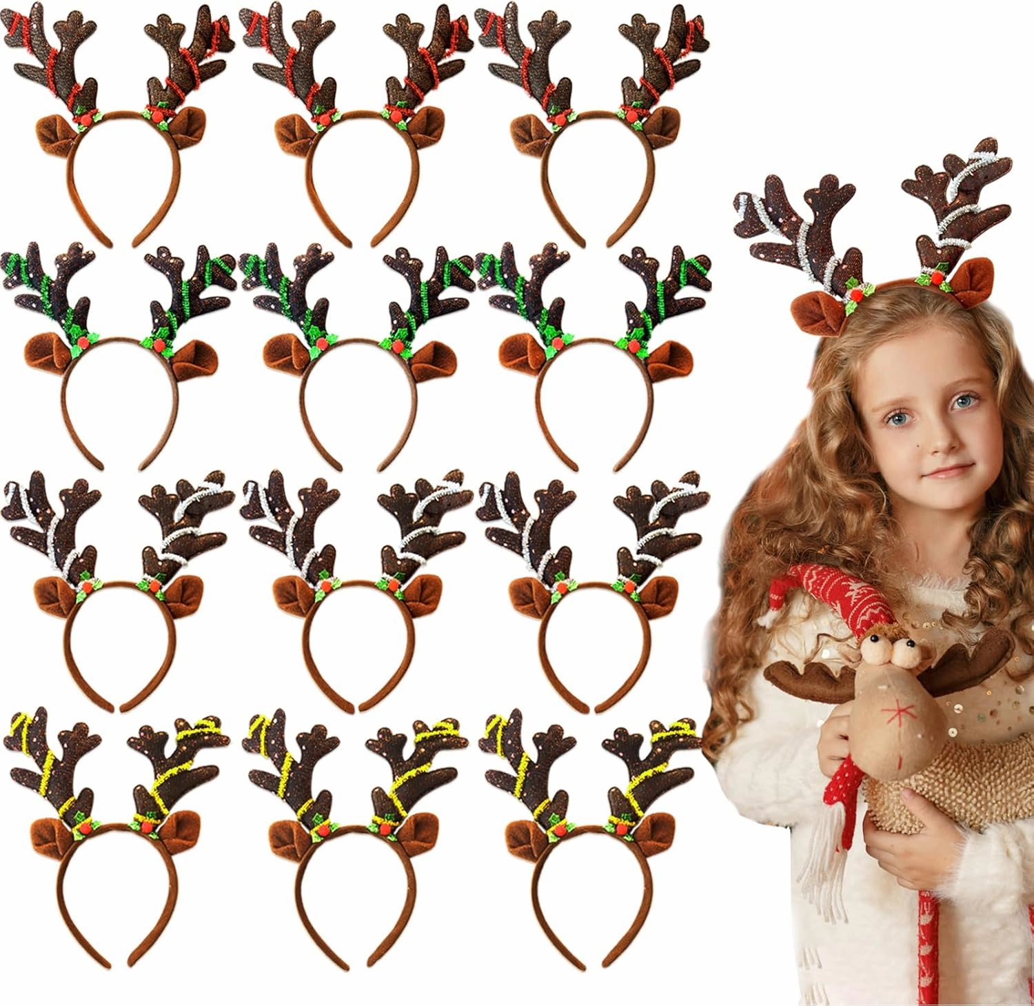 12 Pcs Reindeer Antlers Headband, Glitter Sequins Christmas Ears Headband, Deer Hairbands for Kids & Adults, Perfect for Holiday Photo Booth Props & Party Favors