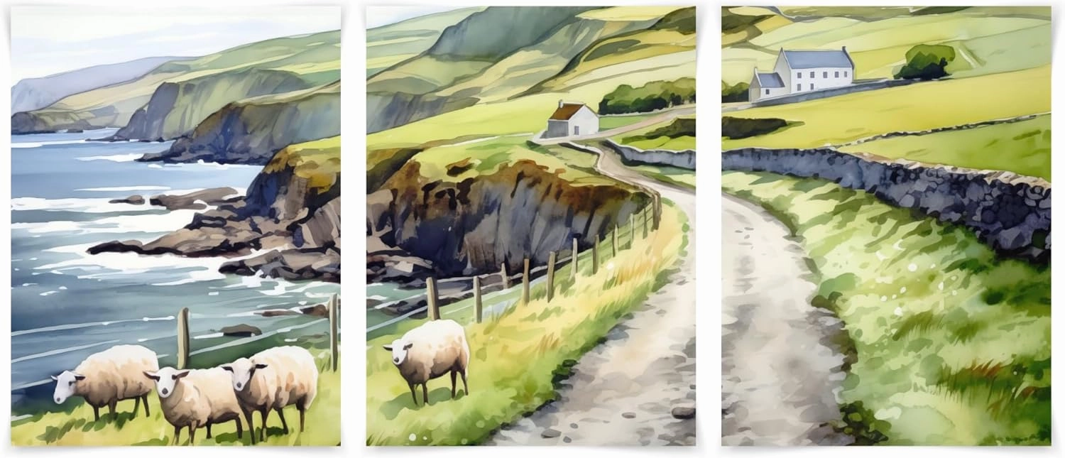 12x18 Achill Island Set of 3, Irish Coastal Landscape with Sheep and Country Roads, Scenic Wall Art, UNFRAMED