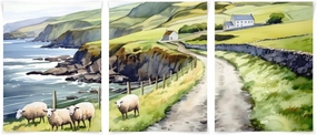 12x18 Achill Island Set of 3, Irish Coastal Landscape with Sheep and Country Roads, Scenic Wall Art, UNFRAMED
