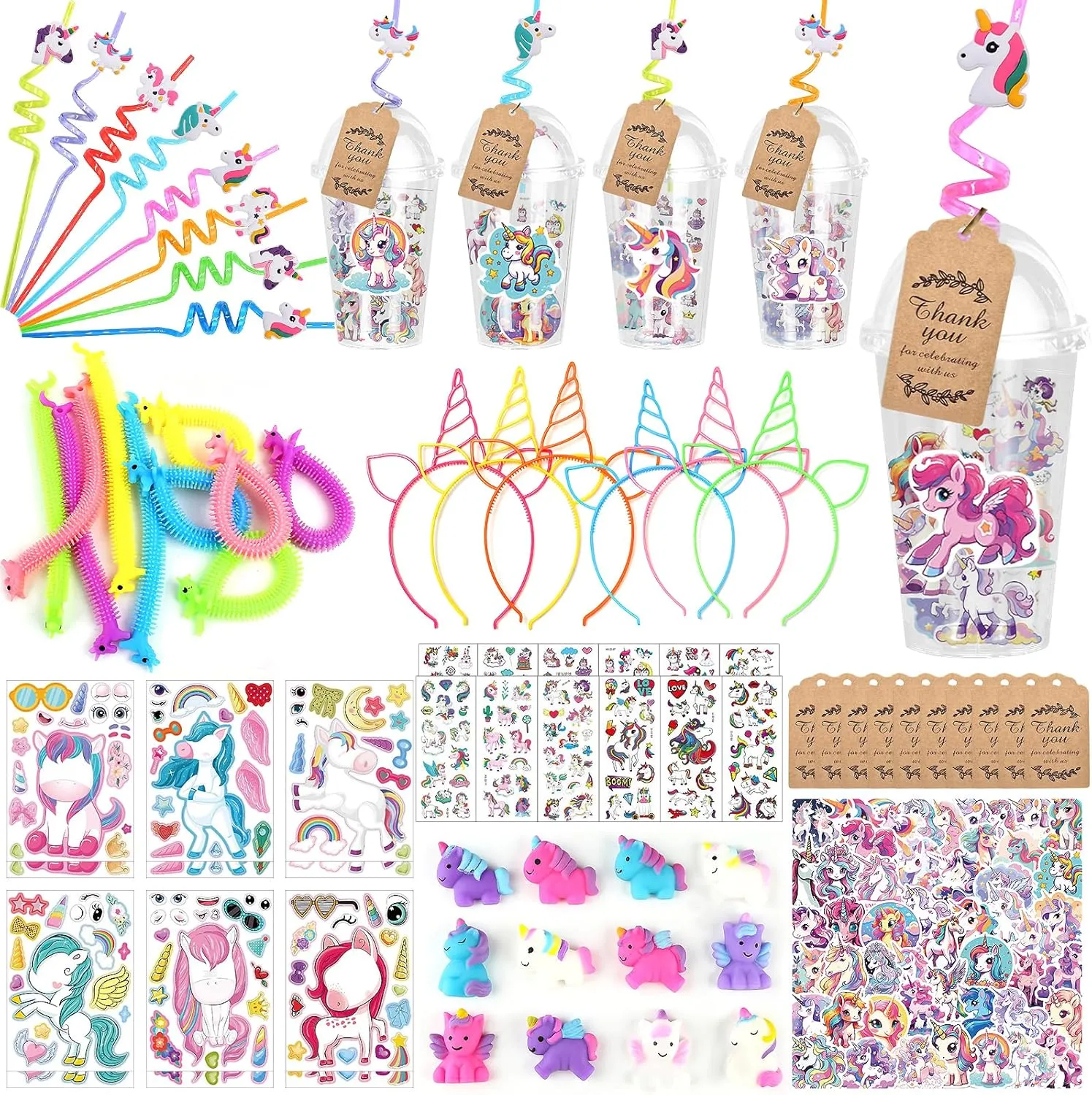 147 Pcs Cartoon Party Favors, Birthday Party Supplies for Kids, Goodie Bag Stuffers, Include Hairbands, Mochi Squishy Toys, Gift Cup etc Party Decorations