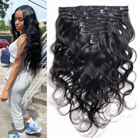 14" Clips in Wavy Hair Extensions Brazilian Body Wave Remy Human Hair Natural Black (#1B)