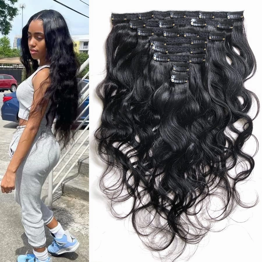 14" Clips in Wavy Hair Extensions Brazilian Body Wave Remy Human Hair Natural Black (#1B)
