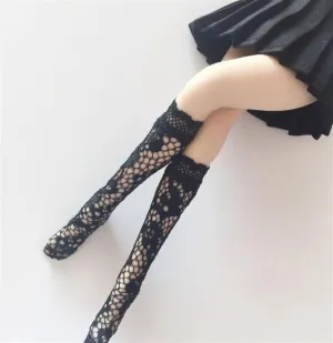 1/6 Scale Female Action Figure Doll Socks Lace Stockings Knee High Socks for 12 Inch Figure Doll Miniatures Accessories Doll(Black)