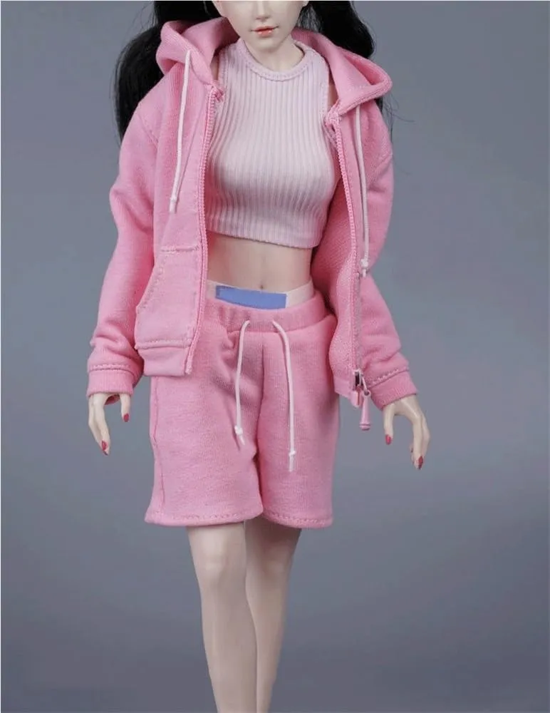 1/6 Scale Female Soldier Model Figure Doll Casual Hoodie Jacket Vest Shorts Clothes for 12 Inch Action Figure Doll Clothes Doll(Pink)