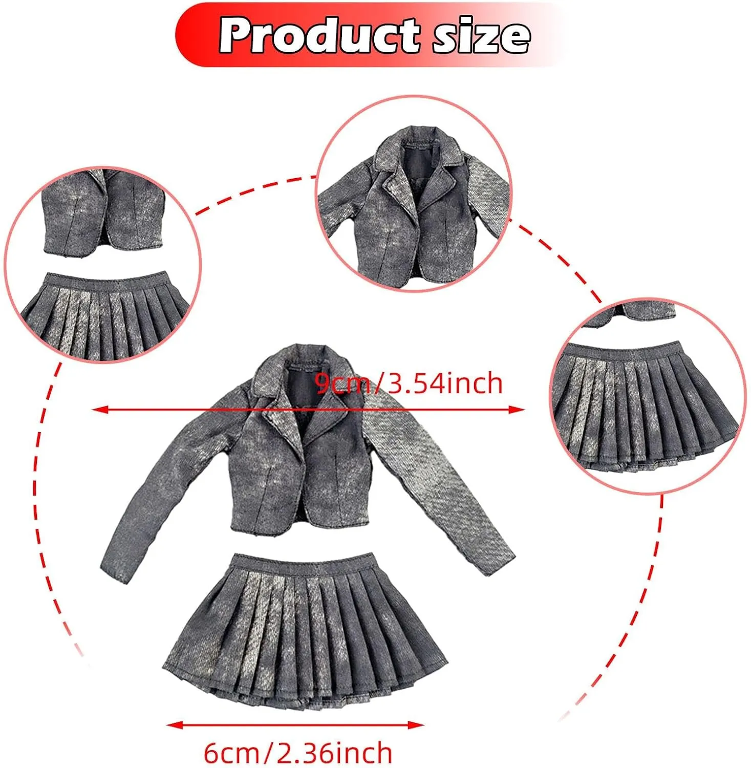 1:6 Short Jacket Pleated Skirt Set Doll Clothes Comfortable Lightweight Fancy Dress for Female Action Figure Mini Clothing , Black Gray