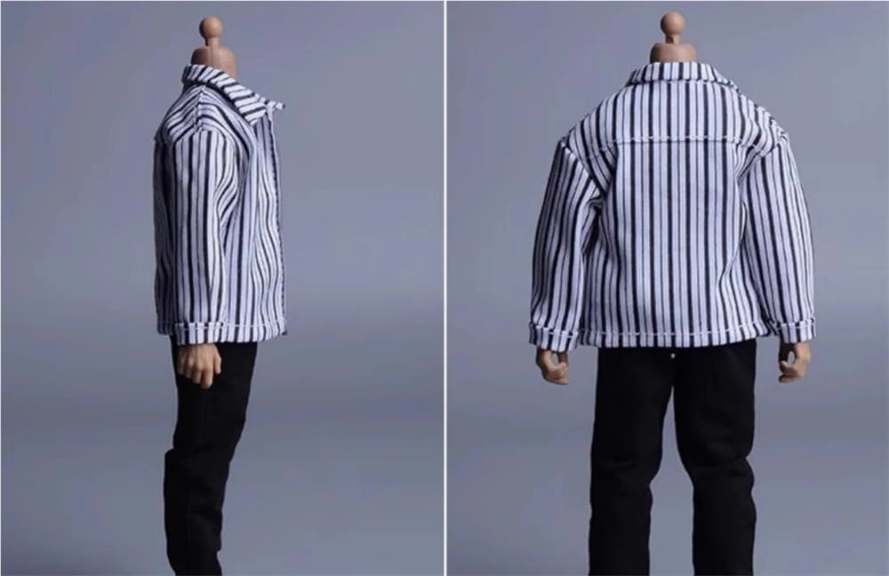 1/12 Scale Male Soldier Model Figure Doll Casual Long Sleeved Striped Shirt Clothes for 6 Inch Action Figure Doll Clothes Doll(White)