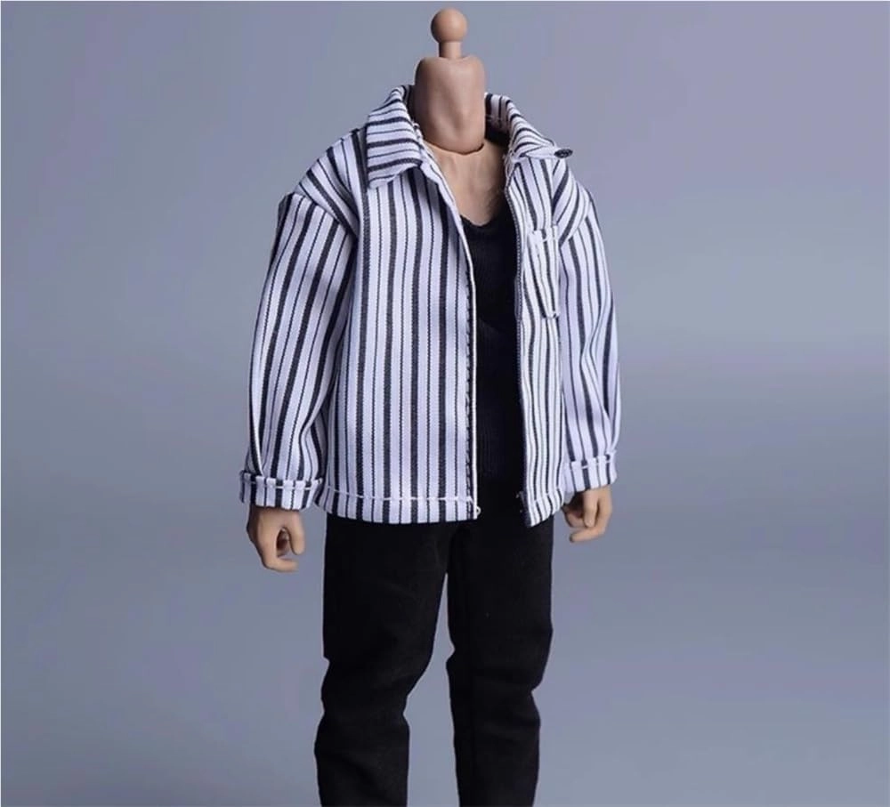 1/12 Scale Male Soldier Model Figure Doll Casual Long Sleeved Striped Shirt Clothes for 6 Inch Action Figure Doll Clothes Doll(White)