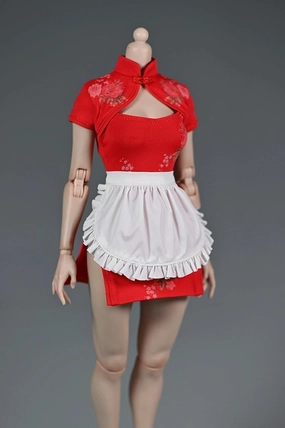 1/6 Scale Female Figure Clothes, Female Cheongsam Short Sleeved Floral Dress and Apron for 12 inch Action Figure Body Doll