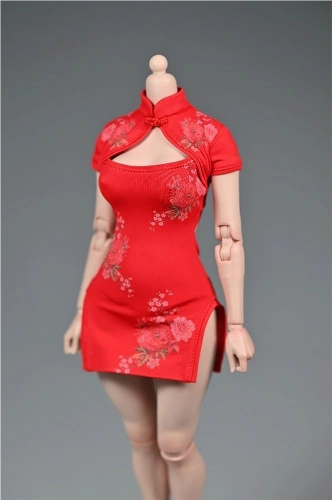 1/6 Scale Female Figure Clothes, Female Cheongsam Short Sleeved Floral Dress for 12 inch Action Figure Body Doll(Red)