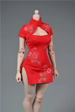 1/6 Scale Female Figure Clothes, Female Cheongsam Short Sleeved Floral Dress for 12 inch Action Figure Body Doll(Red)