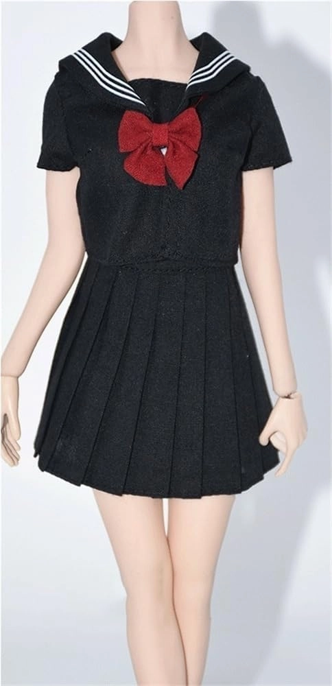 1/6 Scale Female Soldier Model Figure Doll School Uniform Skirt Bow Tie Short Sleeved Shirt Clothes for 12 inch Action Figure Doll Clothes Doll(Black)