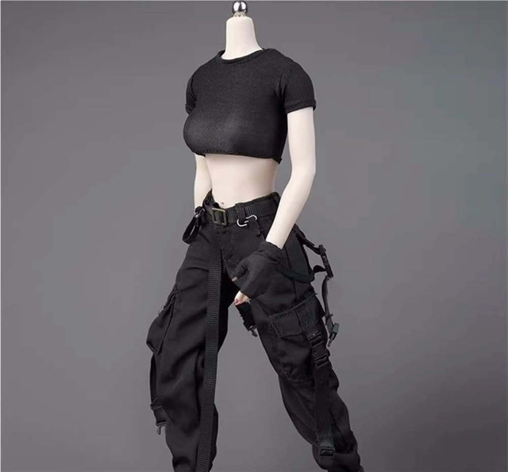 1/6 Scale Female Soldier Model Figure Doll Short Sleeved T-Shirt Cargo Pants Work Pants Clothes for 12 inch Action Figure Doll Clothes Doll(Black)