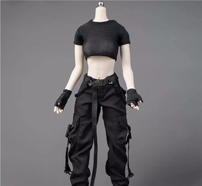 1/6 Scale Female Soldier Model Figure Doll Short Sleeved T-Shirt Cargo Pants Work Pants Clothes for 12 inch Action Figure Doll Clothes Doll(Black)