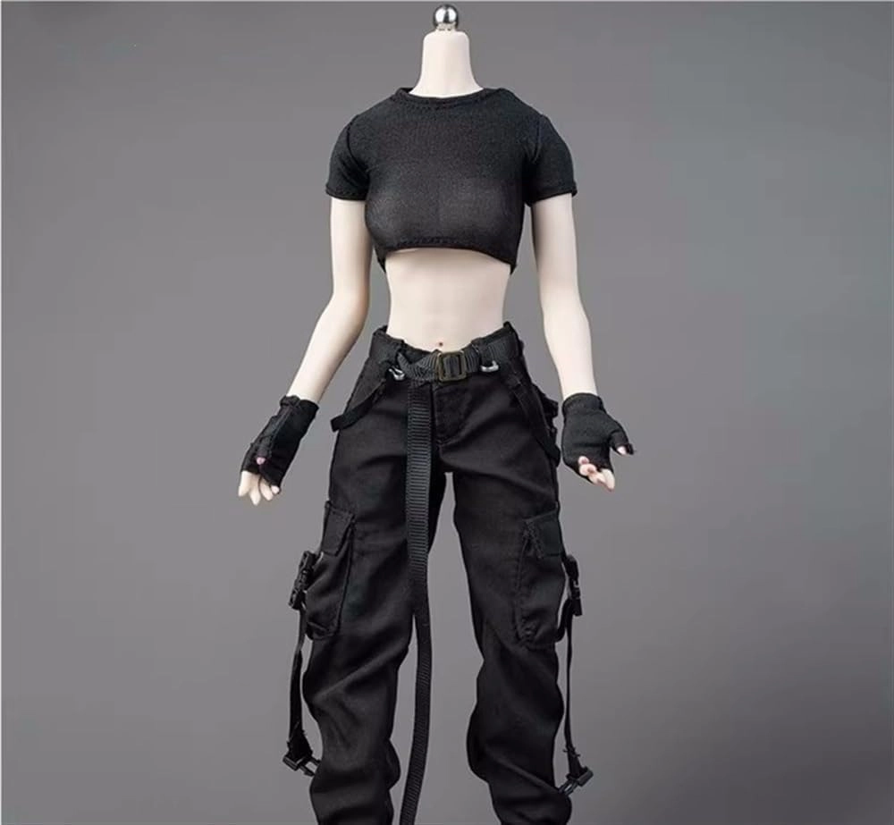 1/6 Scale Female Soldier Model Figure Doll Short Sleeved T-Shirt Cargo Pants Work Pants Clothes for 12 inch Action Figure Doll Clothes Doll(Black)