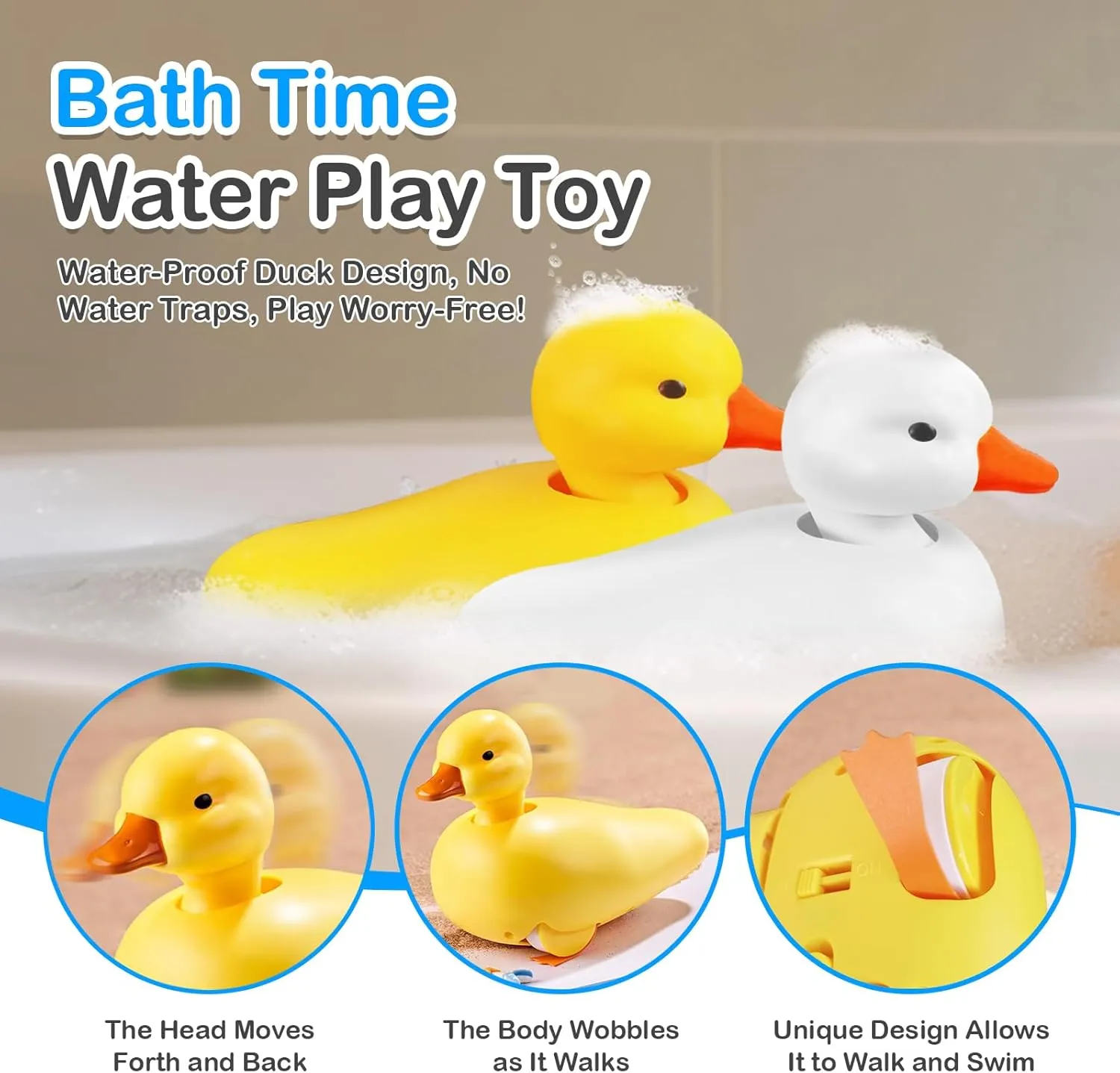 2-Pack Duck Bathtub & Pool Toys - Realistic Walking Ducks | Waterproof Baby Bath Toys, Gift for Toddler Boys & Girls