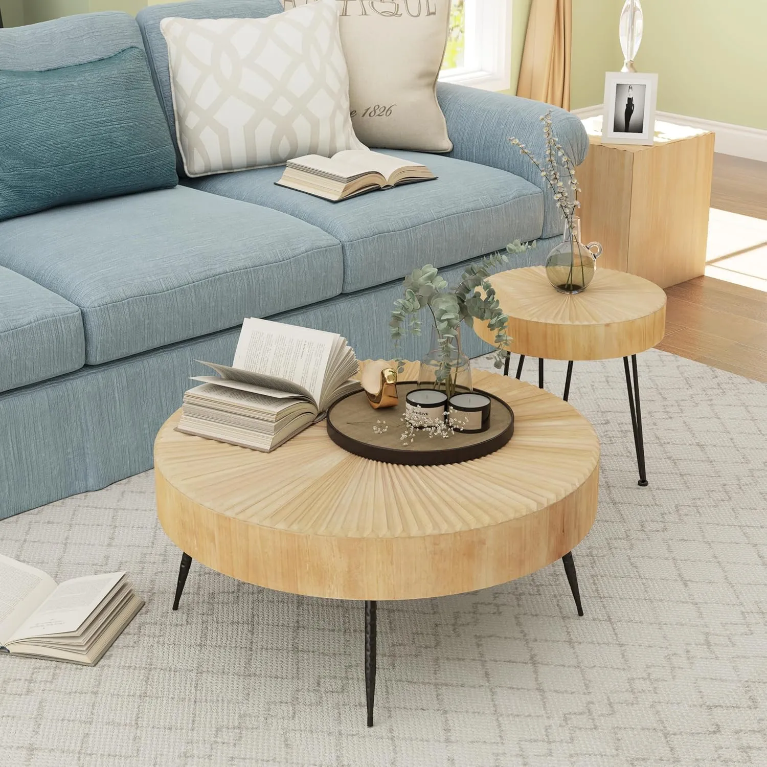 2-Piece Modern Farmhouse Living Room Coffee Table Set, Nesting Table Round Natural Finish with Handcrafted Wood Radial Pattern Dark Wood Color