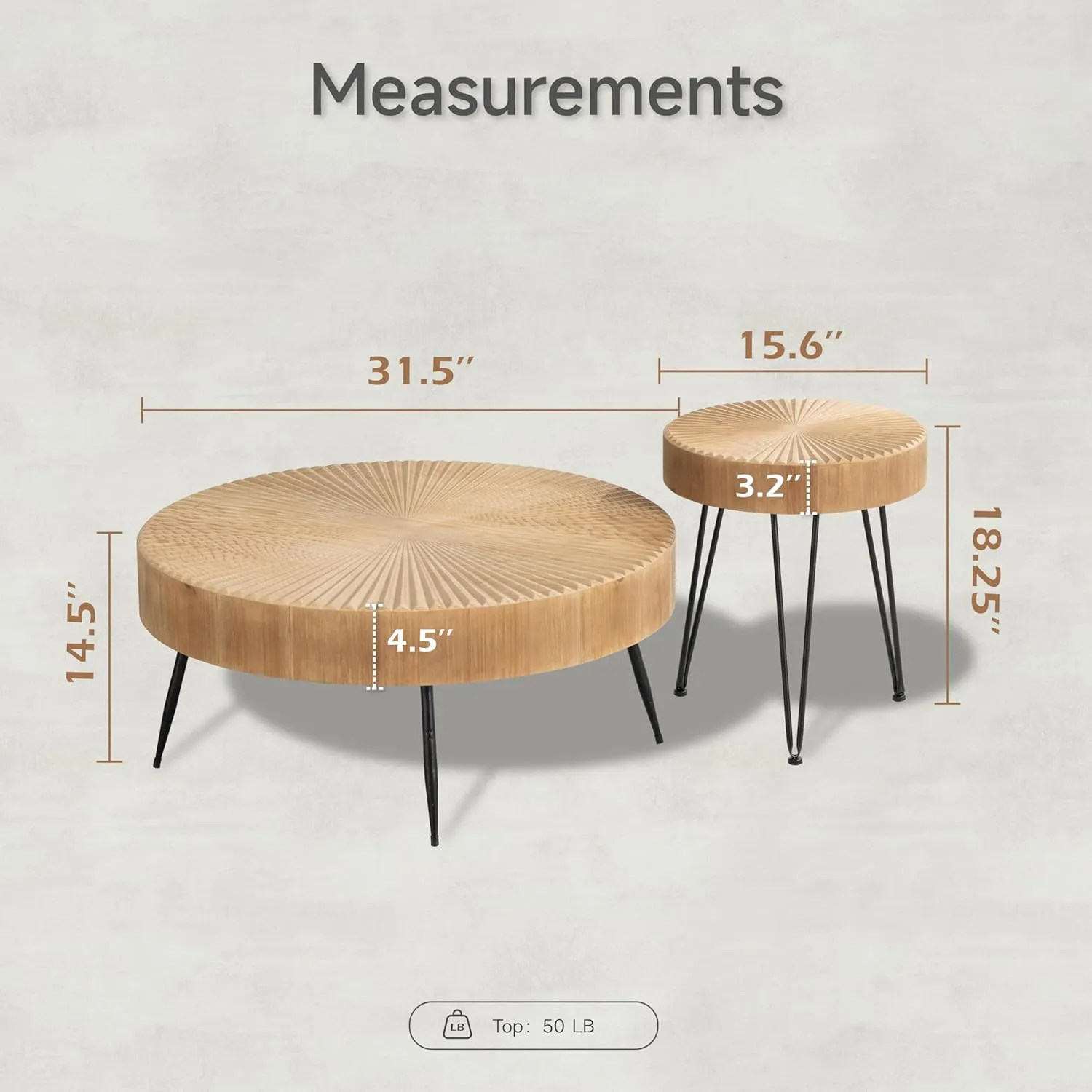 2-Piece Modern Farmhouse Living Room Coffee Table Set, Nesting Table Round Natural Finish with Handcrafted Wood Radial Pattern Dark Wood Color