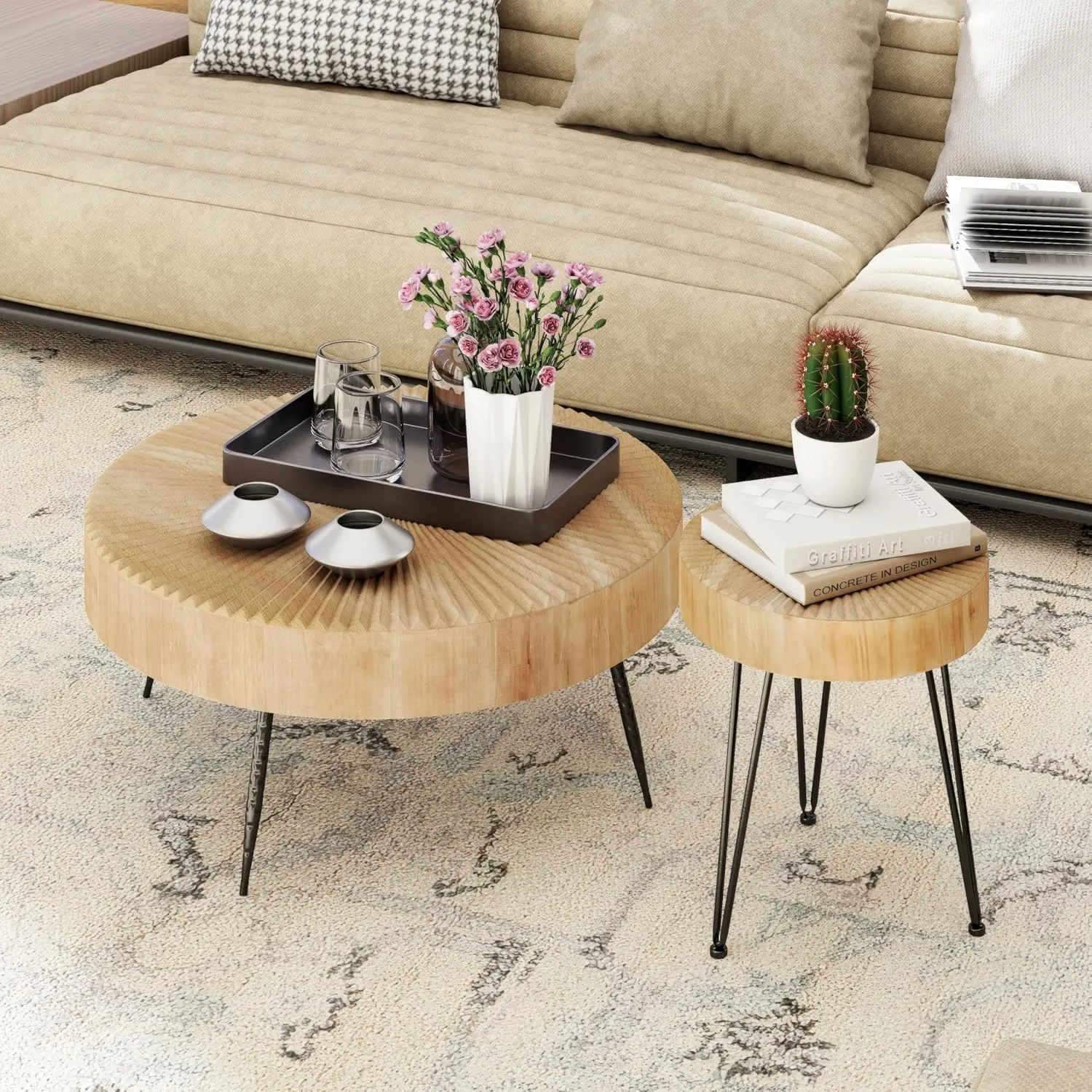2-Piece Modern Farmhouse Living Room Coffee Table Set, Nesting Table Round Natural Finish with Handcrafted Wood Radial Pattern Dark Wood Color