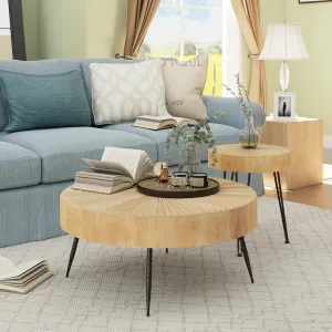 2-Piece Modern Farmhouse Living Room Coffee Table Set, Nesting Table Round Natural Finish with Handcrafted Wood Radial Pattern Dark Wood Color