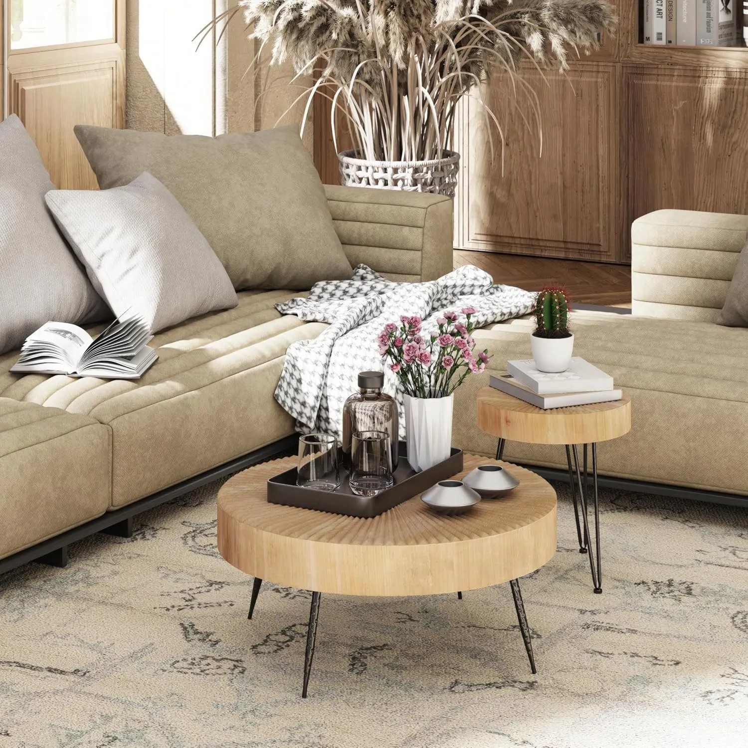 2-Piece Modern Farmhouse Living Room Coffee Table Set, Nesting Table Round Natural Finish with Handcrafted Wood Radial Pattern Dark Wood Color