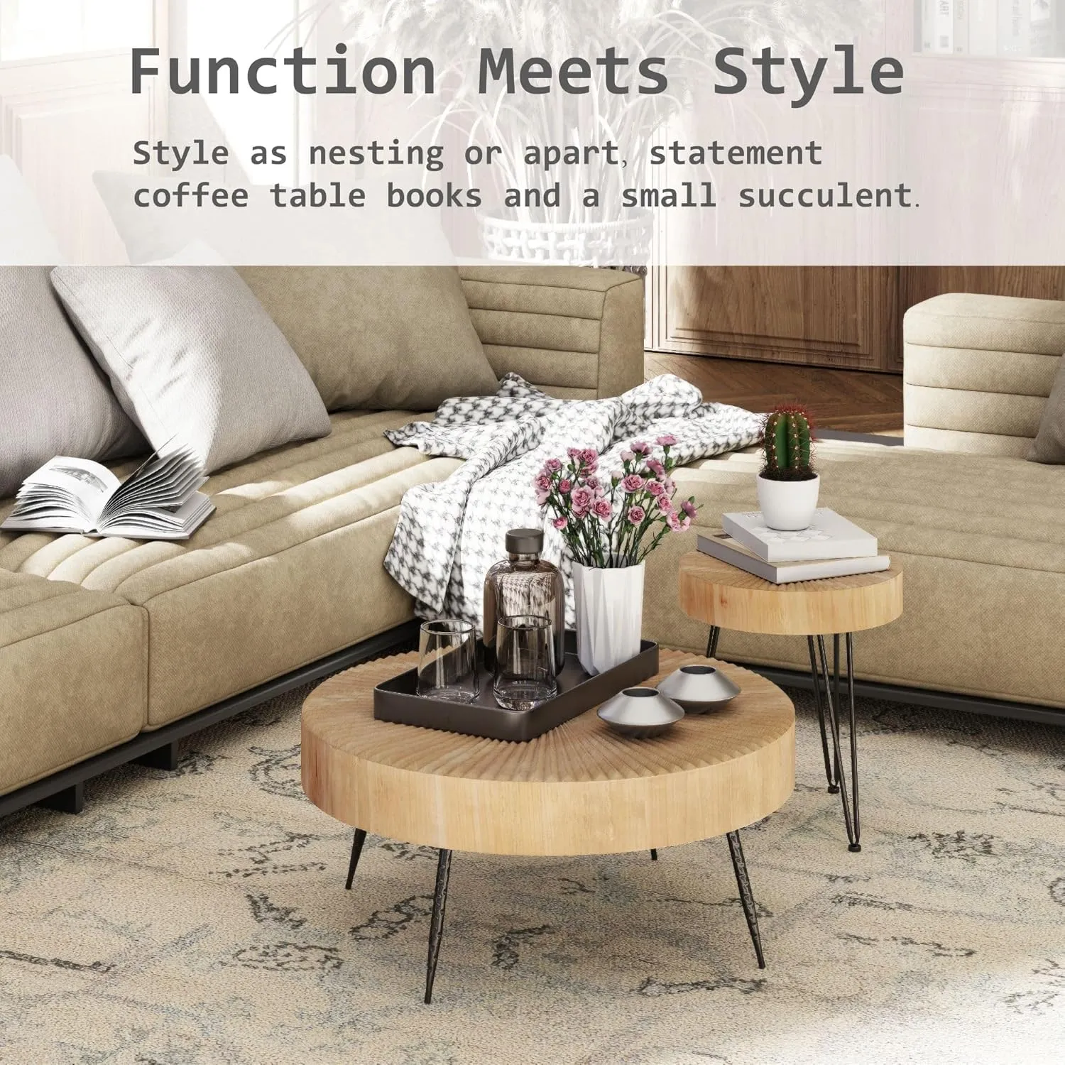 2-Piece Modern Farmhouse Living Room Coffee Table Set, Nesting Table Round Natural Finish with Handcrafted Wood Radial Pattern Dark Wood Color