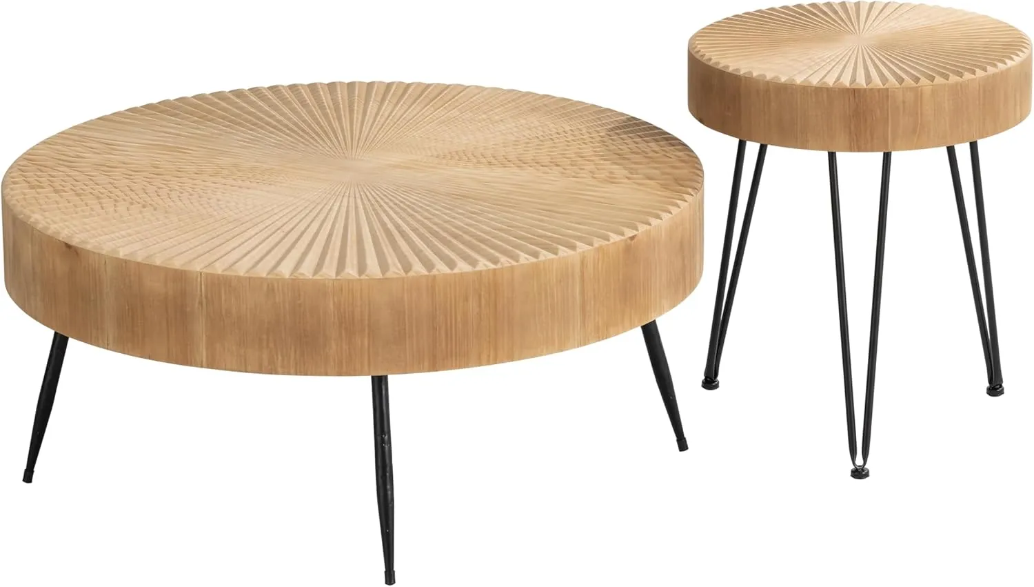 2-Piece Modern Farmhouse Living Room Coffee Table Set, Nesting Table Round Natural Finish with Handcrafted Wood Radial Pattern Dark Wood Color
