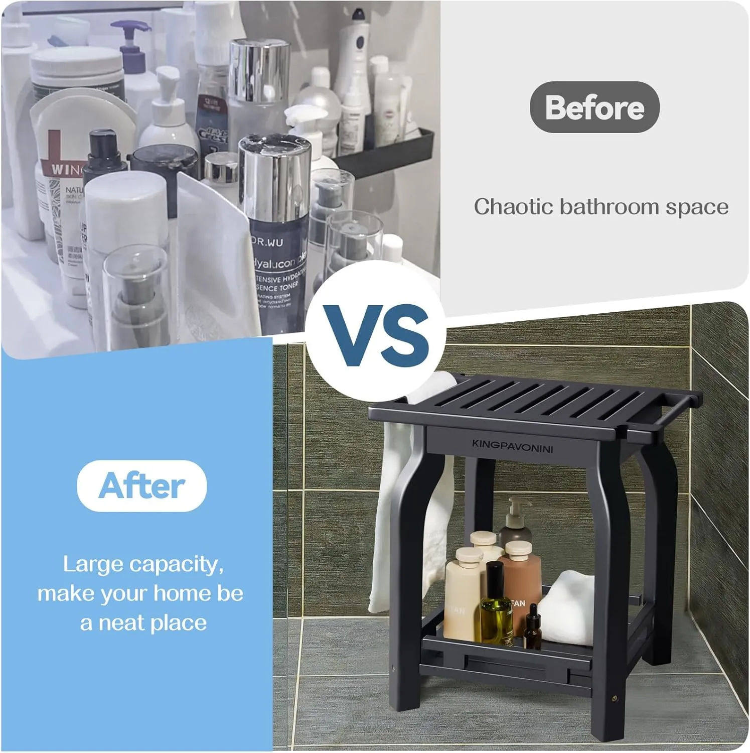 2-Tier Bamboo Shower Bench for Inside Shower Shaving Legs, 16 Inch Waterproof Bathroom Bench Shower Stool with Storage Shelf, Safe & Stable for Seniors Adults Disabled Women (Black)