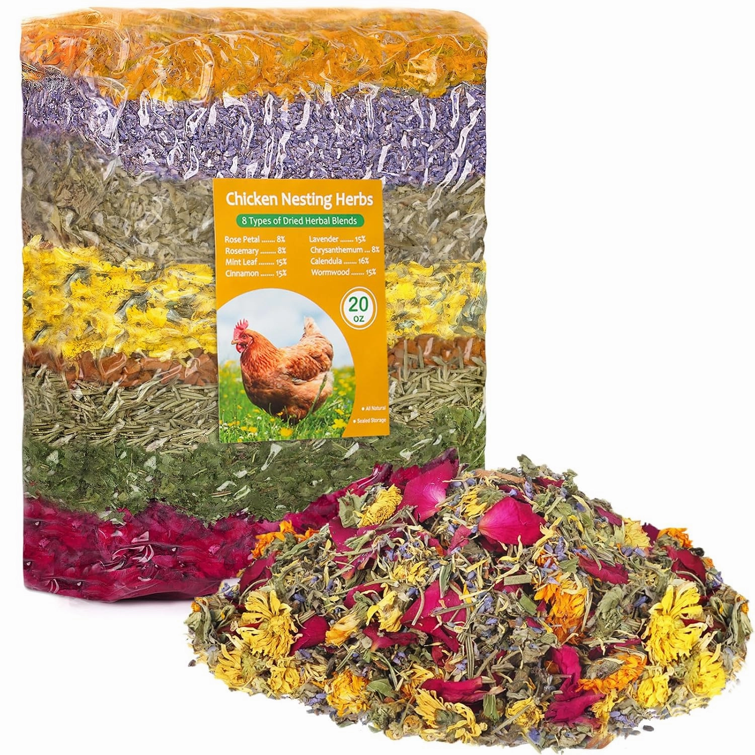 20oz Chicken Nesting Box Herbs - Natural Vacuum-Packed Blend of 8 Dried Flowers & Herbs - Bulk Herbs for a Fresh Chicken Coop, Promote Healthy Hens, Enhance Comfort & Boost Eggs Laying