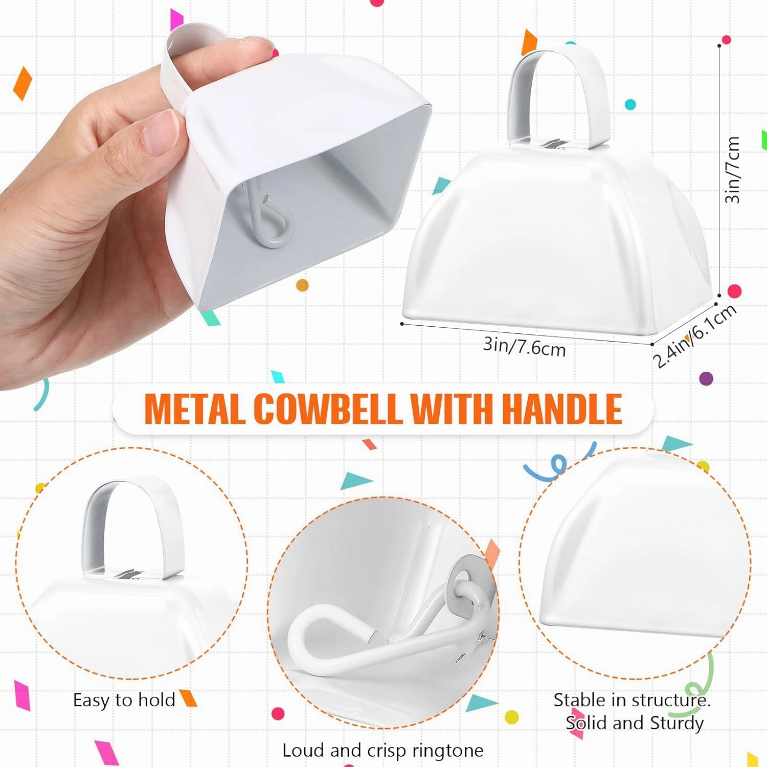 24 Pcs Hand Clappers and Metal Cowbells Noise Makers Cheering Clappers Cow Bells Handle Cheers Dance Basketball Football Noise Makers Sporting Events Graduation School Sports Party (White)
