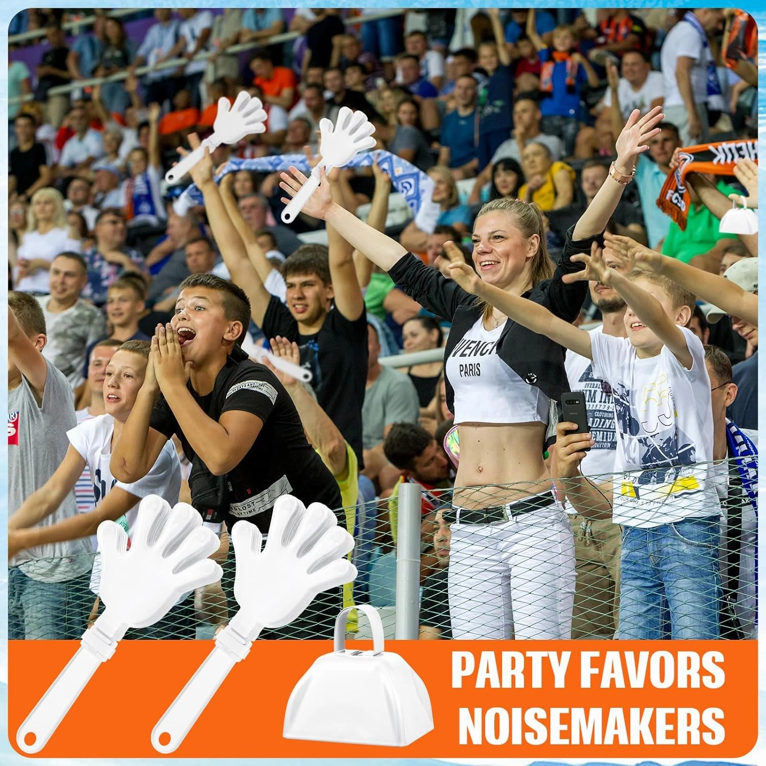 24 Pcs Hand Clappers and Metal Cowbells Noise Makers Cheering Clappers Cow Bells Handle Cheers Dance Basketball Football Noise Makers Sporting Events Graduation School Sports Party (White)