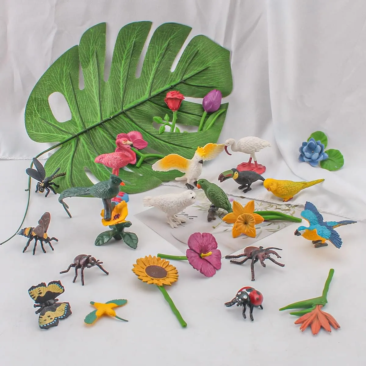 24PCS Realistic Bird Animals Figurines Plastic Flower Toys Mini Insect Toys Set for Toddlers Age 3  Educational Project Diorama Kids for Preschool Children
