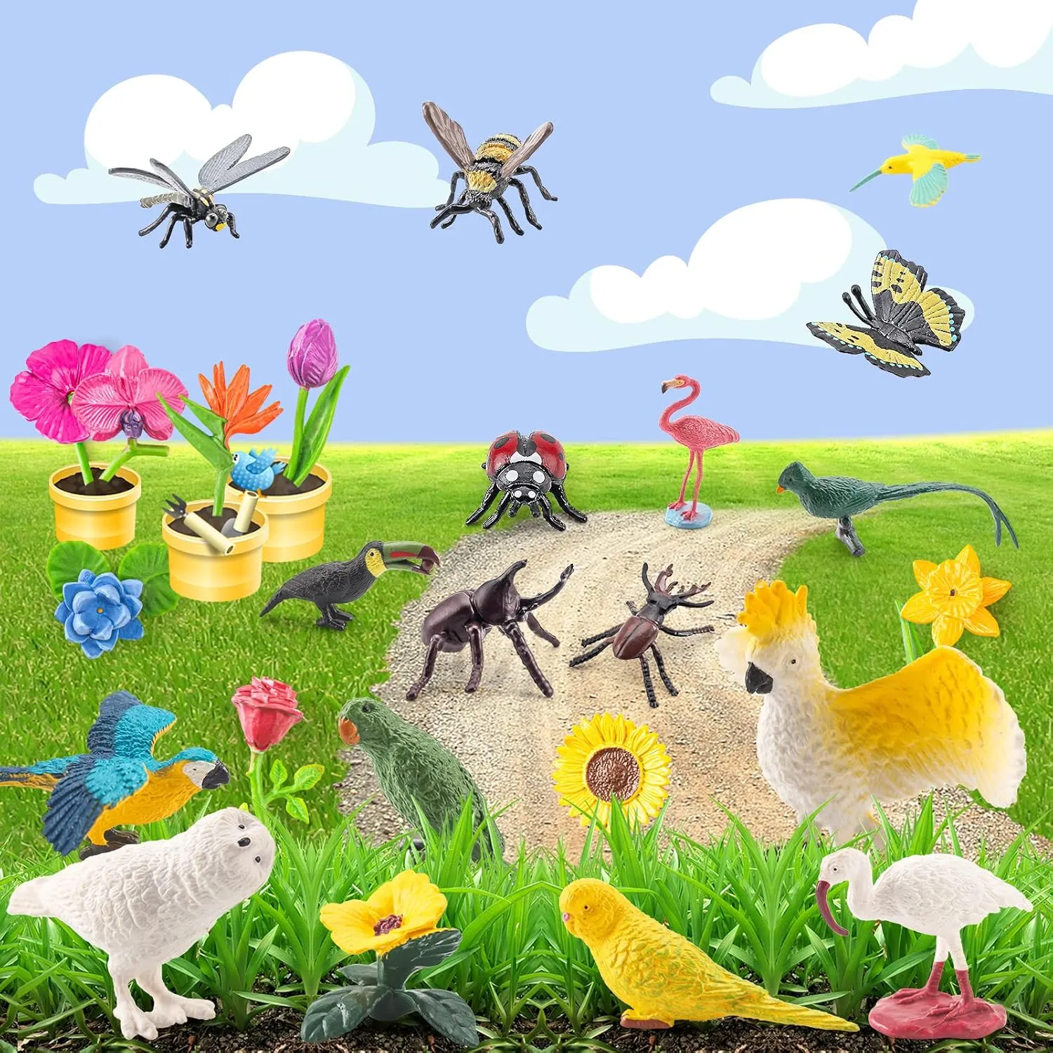 24PCS Realistic Bird Animals Figurines Plastic Flower Toys Mini Insect Toys Set for Toddlers Age 3  Educational Project Diorama Kids for Preschool Children