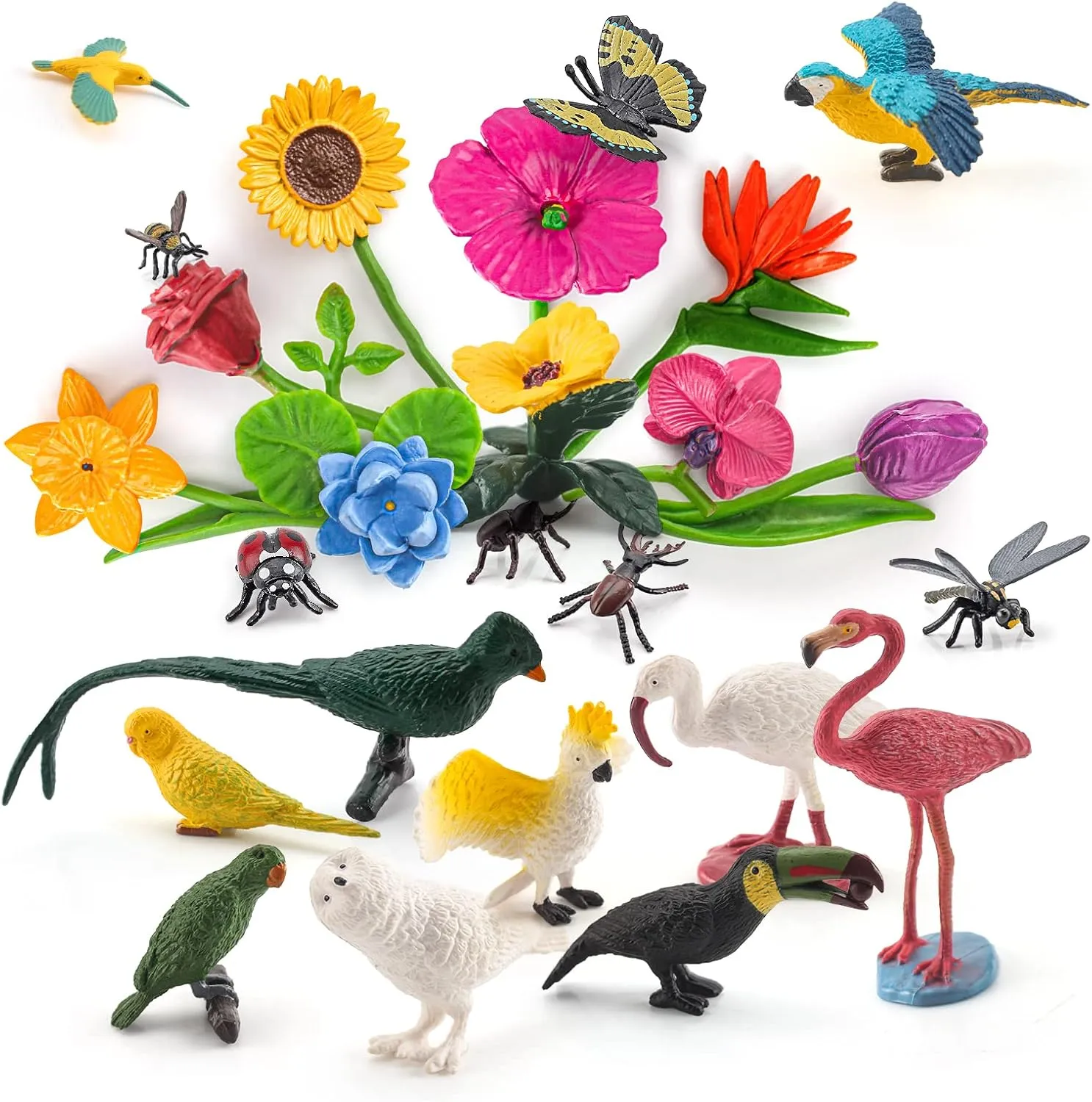 24PCS Realistic Bird Animals Figurines Plastic Flower Toys Mini Insect Toys Set for Toddlers Age 3  Educational Project Diorama Kids for Preschool Children