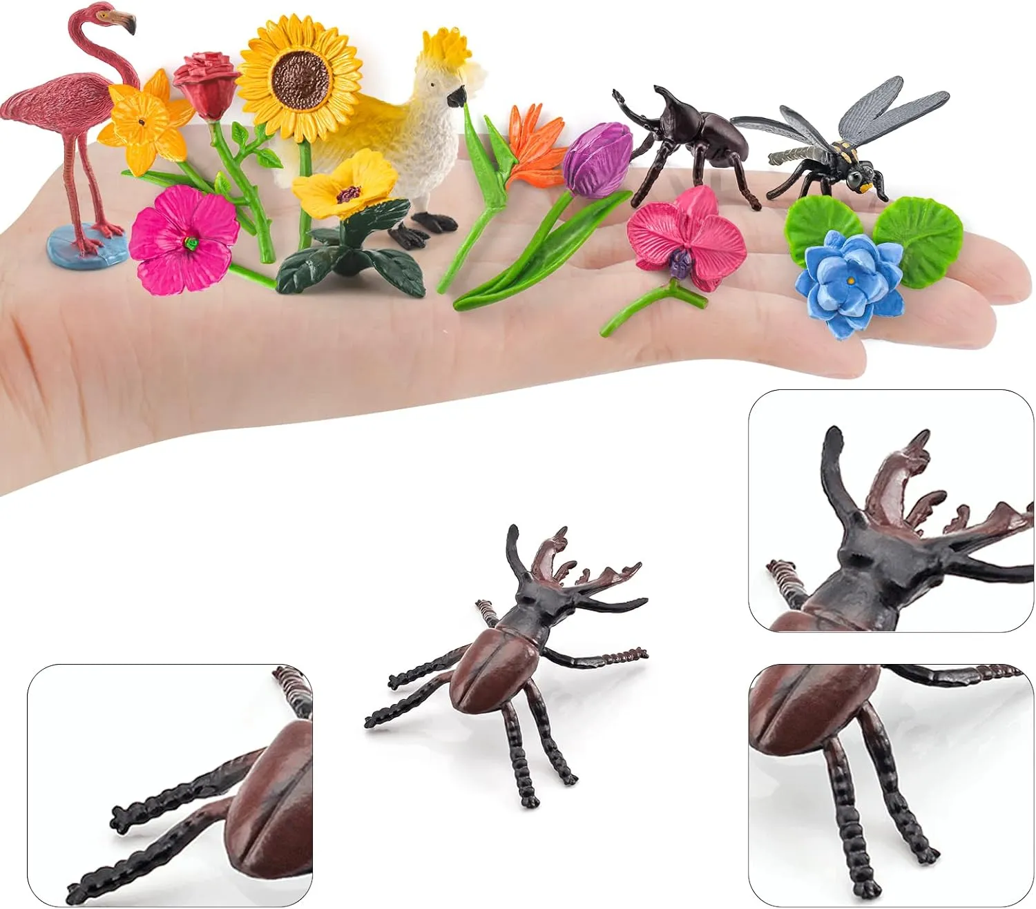 24PCS Realistic Bird Animals Figurines Plastic Flower Toys Mini Insect Toys Set for Toddlers Age 3  Educational Project Diorama Kids for Preschool Children