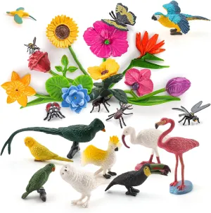24PCS Realistic Bird Animals Figurines Plastic Flower Toys Mini Insect Toys Set for Toddlers Age 3  Educational Project Diorama Kids for Preschool Children