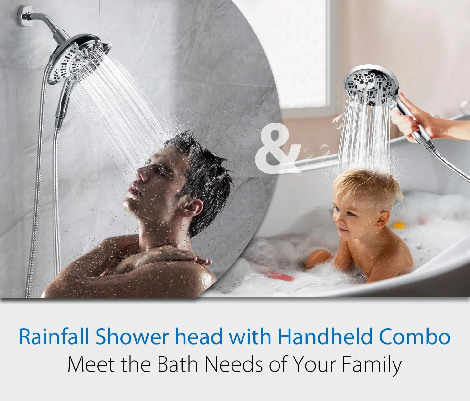 2-in-1 Shower Head with Handheld Combo: 2.5GPM Rainfall Shower Head & Handheld Shower Head Use Together or Alone, 9 Spray Settings Hand Held Shower Head with Hose, Shower Trim Systems
