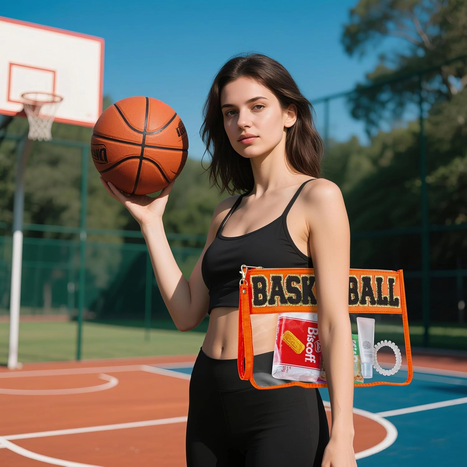 2 Pcs Basketball Gifts Makeup Bag with Chenille Letter Patch, Clear Cosmetic Pouch PVC Organizer Purse, Waterproof Travel Bag, Portable Toiletry Storage Bag for Her Girls Friends Women