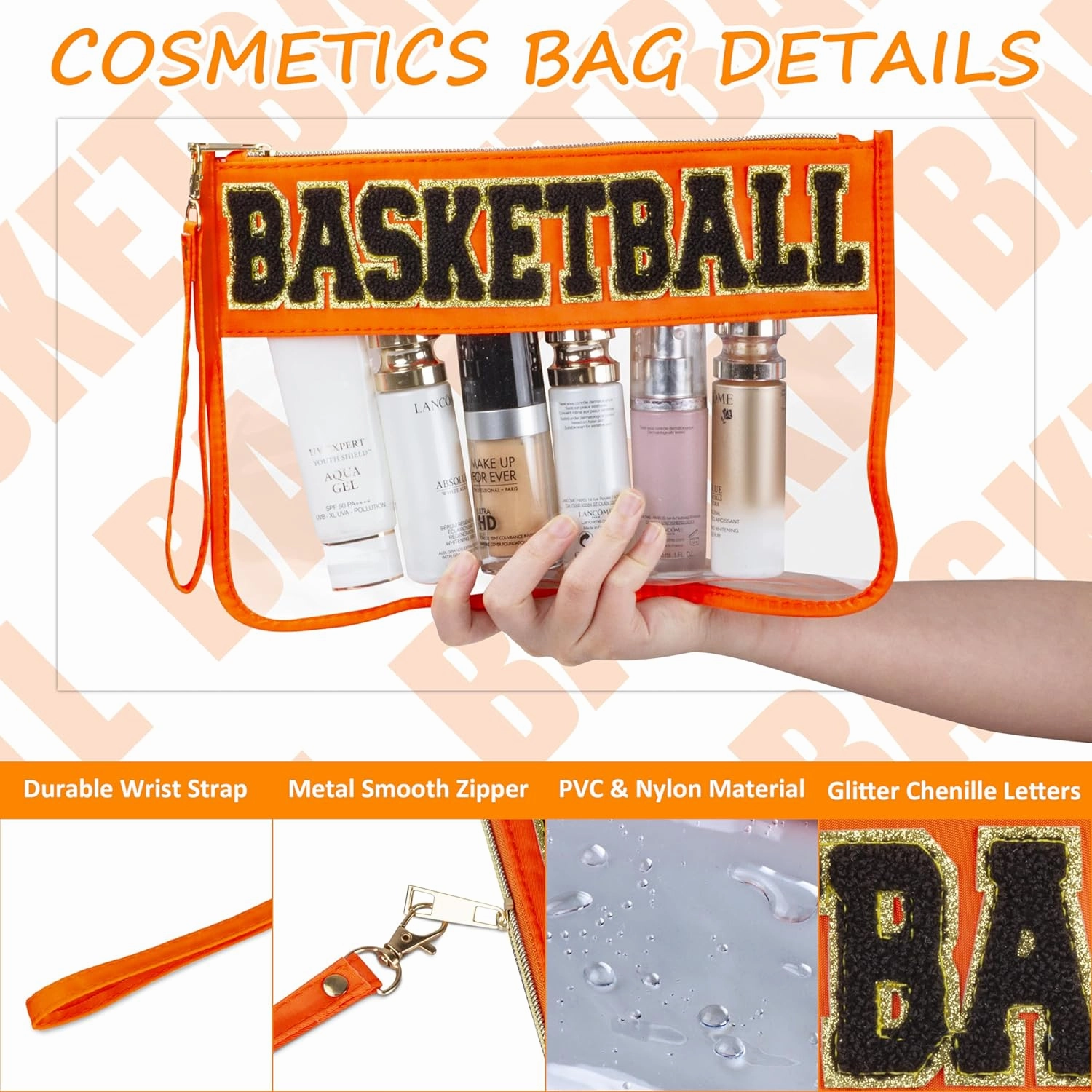 2 Pcs Basketball Gifts Makeup Bag with Chenille Letter Patch, Clear Cosmetic Pouch PVC Organizer Purse, Waterproof Travel Bag, Portable Toiletry Storage Bag for Her Girls Friends Women