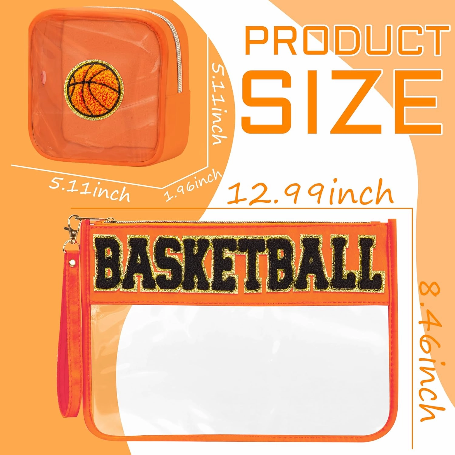 2 Pcs Basketball Gifts Makeup Bag with Chenille Letter Patch, Clear Cosmetic Pouch PVC Organizer Purse, Waterproof Travel Bag, Portable Toiletry Storage Bag for Her Girls Friends Women