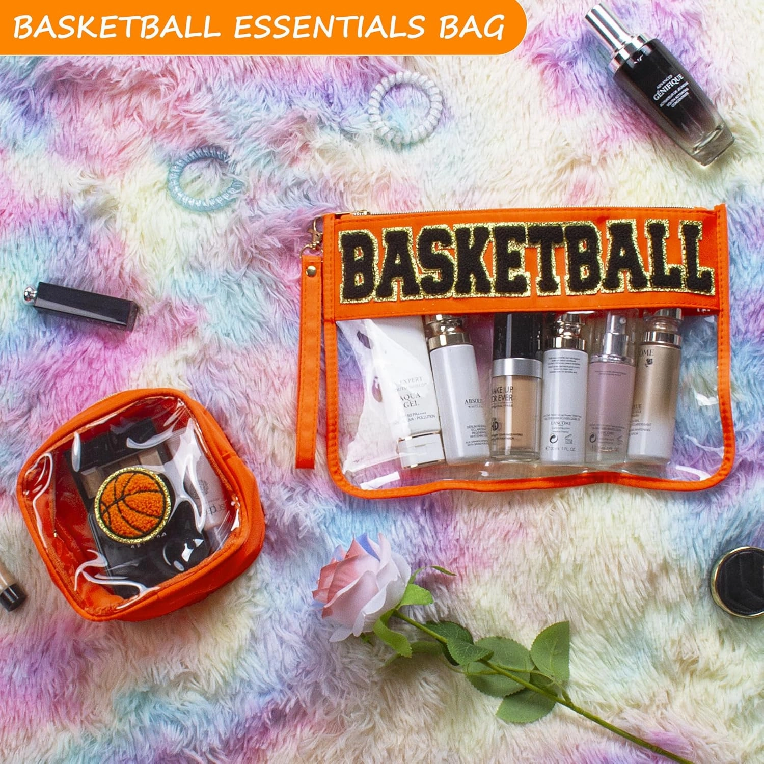 2 Pcs Basketball Gifts Makeup Bag with Chenille Letter Patch, Clear Cosmetic Pouch PVC Organizer Purse, Waterproof Travel Bag, Portable Toiletry Storage Bag for Her Girls Friends Women