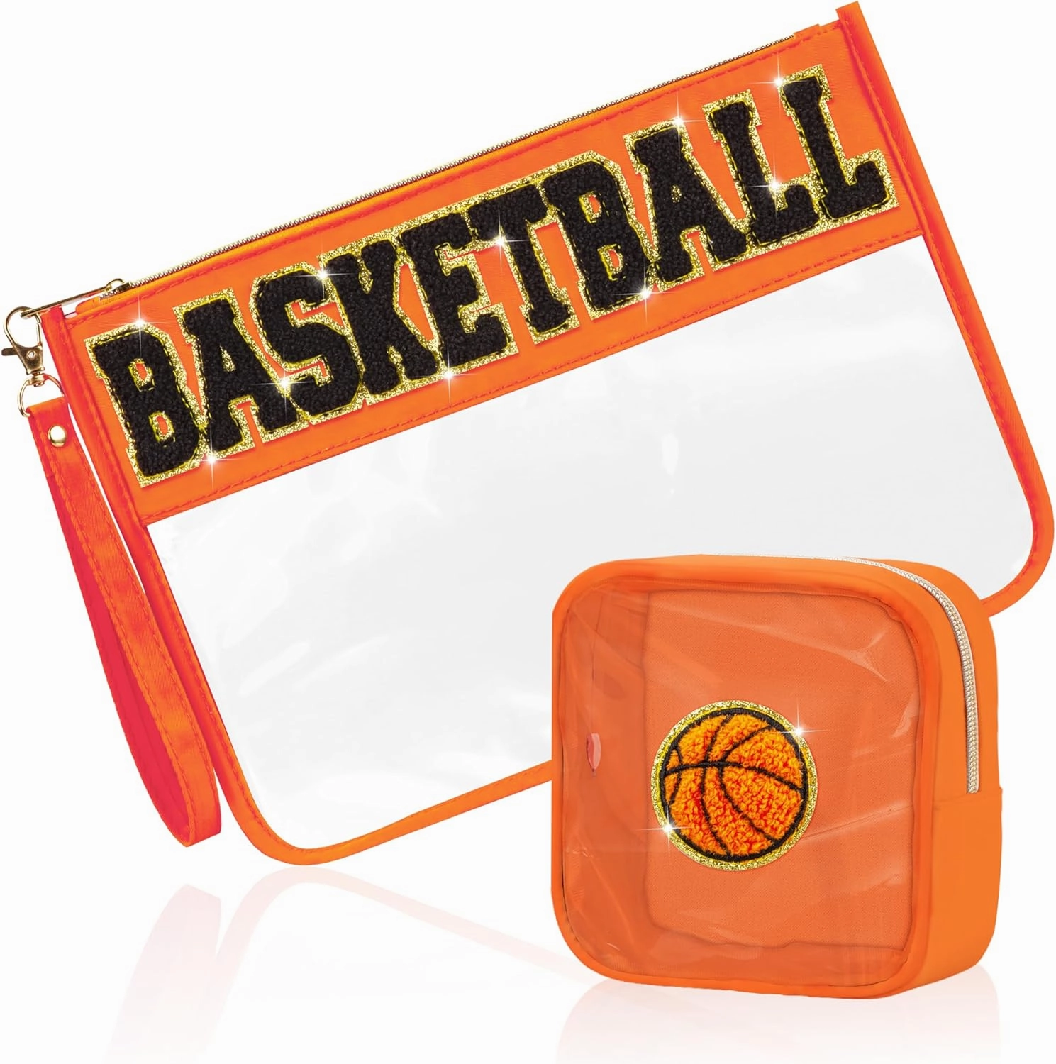 2 Pcs Basketball Gifts Makeup Bag with Chenille Letter Patch, Clear Cosmetic Pouch PVC Organizer Purse, Waterproof Travel Bag, Portable Toiletry Storage Bag for Her Girls Friends Women